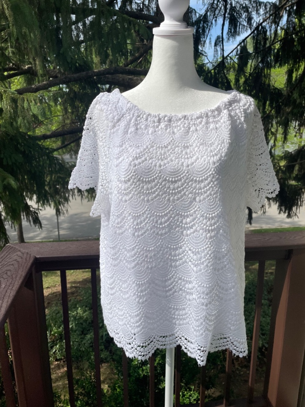 Talbots White Crochet Lace Blouse with Elastic Neck Cottage Boho Coquette 2Xp - Picture 8 of 12